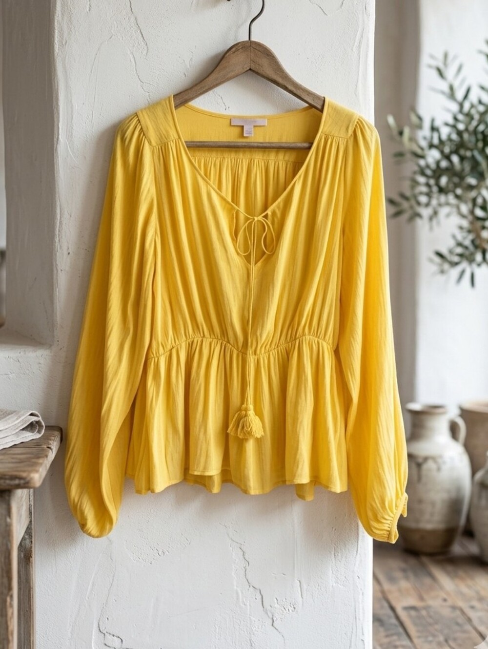 Bahamas Bohemian Tuscany Yellow Bishop Tie front Peplum Blouse- XS (looser fit)